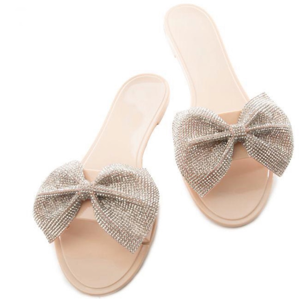 Rhinestone bow nude jelly slide sandals